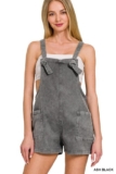 ZENANA ASH BLACK WASHED KNOT STRAP ROMPER SHORTS OVERALLS JUMPER