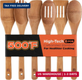 6 Pcs Dark Bamboo Wooden Spoon Set, Non-Stick Safe Cooking & Serving Utensils