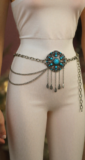 Women Silver Metal Chain Bohemian Belt Turquoise Blue Beads Flower Charm M L XL