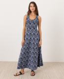 PACT Organic Fit & Flare Open Back Maxi Dress – Paradise Petals Navy Blue (NEW)