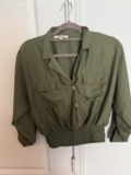BluSki Maternity S Green Solid Collared Button-Front Cropped 3/4 Sleeve Blouse