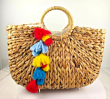 Large Natural Woven Straw Tote Bag Colorful Tassel Pom Pom Beach Boho Handbag