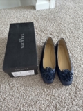 NIB Talbots Indigo Blue Stella Pom Ballet Flat Size 9 Retail $109 Embossed Croc