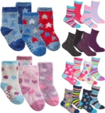 Babies Kids Fluffy Socks Cosy Warm Fuzzy Slipper Bed Sock with Grips (4 Pairs)