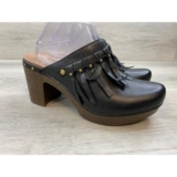 Dansko Women’s Black Leather Fringe Kiltie Studded Clogs Mules 9.5 Wood Shoes