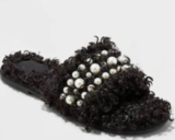 Women’s Adrienne Slip-On Embellished Slide Slippers Black Fuzzy Soft Sz 6 R9P1b