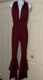 Womens Sexy Tie Around Ruffle Playsuit Stretch Fitted Jumpsuit Romper Burgundy S