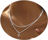 Layered 925 Sterling Siver Cross Charm Pendant Necklace Set for Women Bling Doub