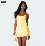 NWT Edikted Yellow Strapless Mini Dress Floral Ruffle Bodycon Size Medium M