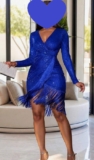 XL QUEENS ROYAL BLUE SEQUINS FRINGED FAUX WRAP DEEP V-NECK GALA PARTY DRAG DRESS
