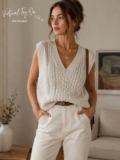 Quince Ivory Cable-Knit 100% Merino Wool V-Neck Sleeveless Sweater Vest Size S