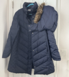 Kenneth Cole Reaction Women’s XL Blue Puffer Coat Hood Faux Fur Trim Zip/Snap