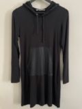 Karen Kane Black Hooded Stretch Tunic Spring Summer Dress – Faux Leather Pocket