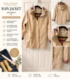 Polydeer Women’s Beige Hooded Water-Resistant Rain Coat Plaid Lined Size M