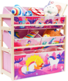 Kids Toy Storage Organizer with 6 Removable Fabric Bins, Pine Wood Toy Rack for