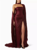 Customized Silk Satin Plisse Cape Evening Gown Sleeveless Bandeau Skirt All-over