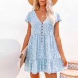 Light-Blue Women Sundress, Floral V-Neck Button Chiffon Mini Dress,Spring Summer