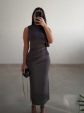 ZARA Draped Knit High Necked Midi Maxi Dress Charcoal Grey – Size S – 3152/233