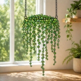 Green Beaded Acrylic Suncatcher, Hanging Plant Style Window Decor, Boho Window