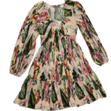 H&M Floral Plissé Pleated Mini Dress Long Balloon Sleeve Tiered Cream Pink VNeck