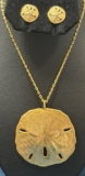 Vintage Gold Tone Sand Dollar Necklace Pierced Earrings Set 3 PCS Chain Nature