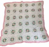 Crocheted 3D Pink Roses Afghan Throw Stroller CoverHandmade 36×36” Granny Square
