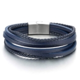 Mens Womens Multi-Strand Navy Blue Braided Leather Bracelet Wristband with Steel