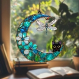 Dragonfly Moon Cat Faux Window Hanging, Acrylic Suncatcher Ornament,Garden Decor