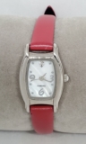 Ladies Diamond Quartz Dress Silver Tone Red Leather Band Analog Watch D1