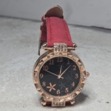 Women’s Red Faux Leather Band Gold-Tone Floral Dial Analog Dress Wristwatch