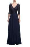 La Femme Navy Blue Chiffon & Sequin A-Line Gown Size 8 $388