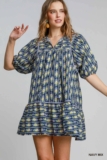 Umgee Navy Mix Floral Print Mini Dress  w/ Contrast Stripe Piping