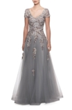 La Femme Embroidered & Beaded Ballgown, Size 10 (4/13) 18 6 8 (9/20) 4 12 – Grey