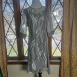 Hekka Grey Silver Embroidered Mesh Sheath Dress NWT Size L 3/4 Sleeve Midi