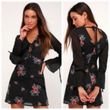 NWT I. Madeline Women’s Dress Medium Black Floral Embroidered Long Sleeve Boho