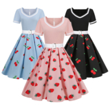 Women’s Vintage 50s 60s Cherry Printed Swing Dress Short Sleeves Belted Waist