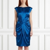 Suzi Chin Maggy Boutique Blue Silk Sheath Dress Sz 4 Draped Cap Sleeve Cocktail