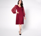 Dennis Basso Women’s Petite Dress PS Ponte Metallic Accent Sleeves Red A672989