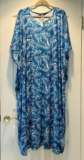 1X/2X/3X New Blue Aqua White Palm Print Kaftan Knit Beach Cover Dress Nightgown