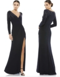 IEENA for MAC DUGGAL Women Long Sleeve Faux Wrap Jersey Gown Navy Embellished Dr