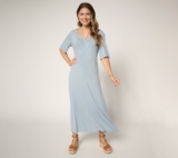 Peace Love World Women’s Petite Dress PM Ruch Front Short Sleeve Blue A692504