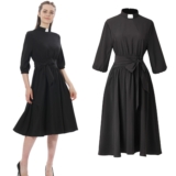 Women Clergy Dresse Audrey Hepburn Style Dress Tie Belt Priest Pastor Tab Collar
