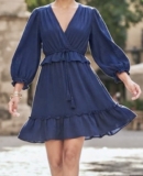 Gauzy Ruffled Balloon Sleeve MAX STUDIO Dress Peplum Size Medium New Navy Blue