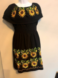 Black Sunflower Embroidered Mini Dress Boho Folk Peasant Smocked UK 8-10 12