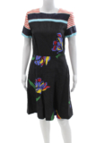 Suno Women Fit & Flare Midi Dress Black Floral Crew Neck Short Sleeve Size 6