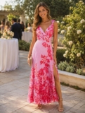 Aqua NWT Pink Floral Pleated Maxi Dress M V-neck Summer Event Occasion Slit $148