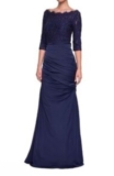 La Femme 24926 Navy Blue Scallop Sparkle Lace Embellished Ruched Satin Gown 4