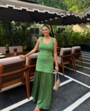 ZARA S, M, L, NEW SS25 LONG PLEATED KNIT COMBINATION DRESS GREEN 4192/055/500