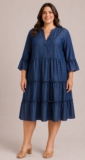 Mlle Gabrielle faux tencel denim dress,plus size,3/4 bell sleeve,ruffels.