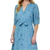 NEW FIGUEROA FLOWER Blue Floral Embroidered Puff Sleeve Midi Dress Belt Size L